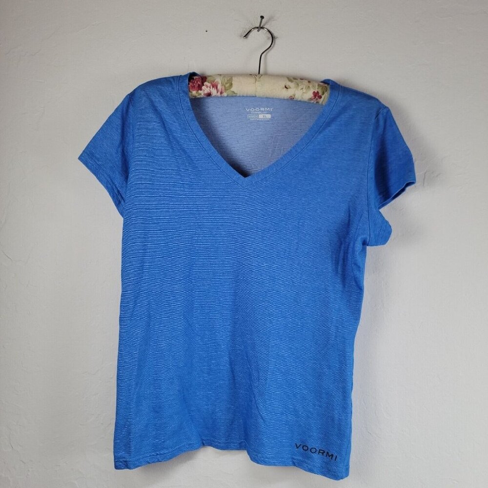 Voormi Womens T-Shirt Top XL Blue Short Sleeve V-Neck Nature Print Comfy Tee